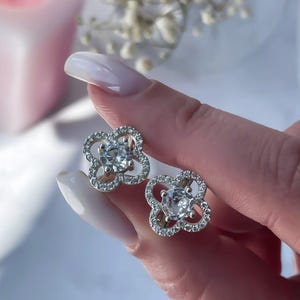 Silver Open Four Clover Earrings for Women, 4 Leaf Clover Earring, CZ Flower Clover Stud Earrings, Fashion Jewelry