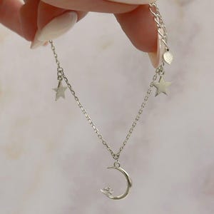 Silver Moon Pendant Necklace, Crescent Moon Necklace with Stars, 925 Crescent Star Pendant, Dainty Moon Jewelry