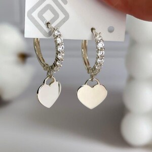 Silver Heart  Dangle Hoop Earrings, Small Hoop Earrings, Dainty Charm Earrings, Small Heart Drop Earrings, 9th Anniversary Gift for Her