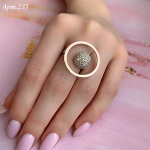 Silver Large Circle Ring with a Ball, Geometric Silver Ring, Big Round Ring, Silver Ball Ring, Large Round Flat Ring, Unique Gift for Mother