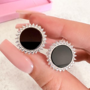 Silver Black Onyx Round Stud Earrings, Onyx Flower Stud Earrings, Circle Cz Stud Earrings, Bridesmaid Gift, Cute Simple Earrings