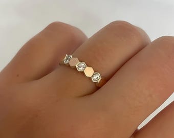 Silver Honeycomb Ring, Sterling Silver Hexagon Band Ring, Geometric Hexagon Ring, Simple Hexagon Ring, 21st Birthday Gift for Her
