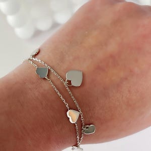Silver Double Chain Bracelet, Silver Chain Link Bracelets, Silver Double Heart Bracelet, Delicate Heart Link Bracelet, Heart Chain Bracelet