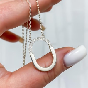 Big Oval Pendant Necklace Gold-plated Silver, Long Necklace Handmade, Irregular Circle, Geometric Minimal Charm Necklace