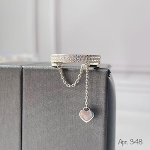 Silver Dainty Chain Ring Silver, Dangle Heart Chain Ring, Dainty Stacking Ring for Her, Gift for Chain Ring Lovers