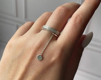 Silver Hanging Chain Ring, Dangle Chain Ring Silver, Heart Pendant Ring, Trendy Dangle Elegant Ring, Unique Statement Jewelry