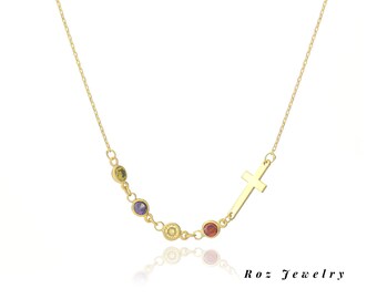 birthstone cross necklace, gold plated minimal cross pendant, personalized birthstone jewelery gift for her
