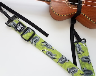 Ukulele Hug Strap with Nylon Cinch, No Need for Strap Buttons, Lemurs on Green