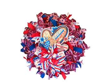 Patriotic Mesh Wreath with sign, 4th of July Door Wreath, Red White Blue Front Door Decor, Americana Summer Wreath