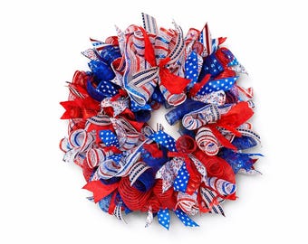 Patriotic Mesh Wreath, 4th of July Door Wreath, Red White Blue Front Door Decor, Americana Summer Wreath, Minimalist. No bow, no sign