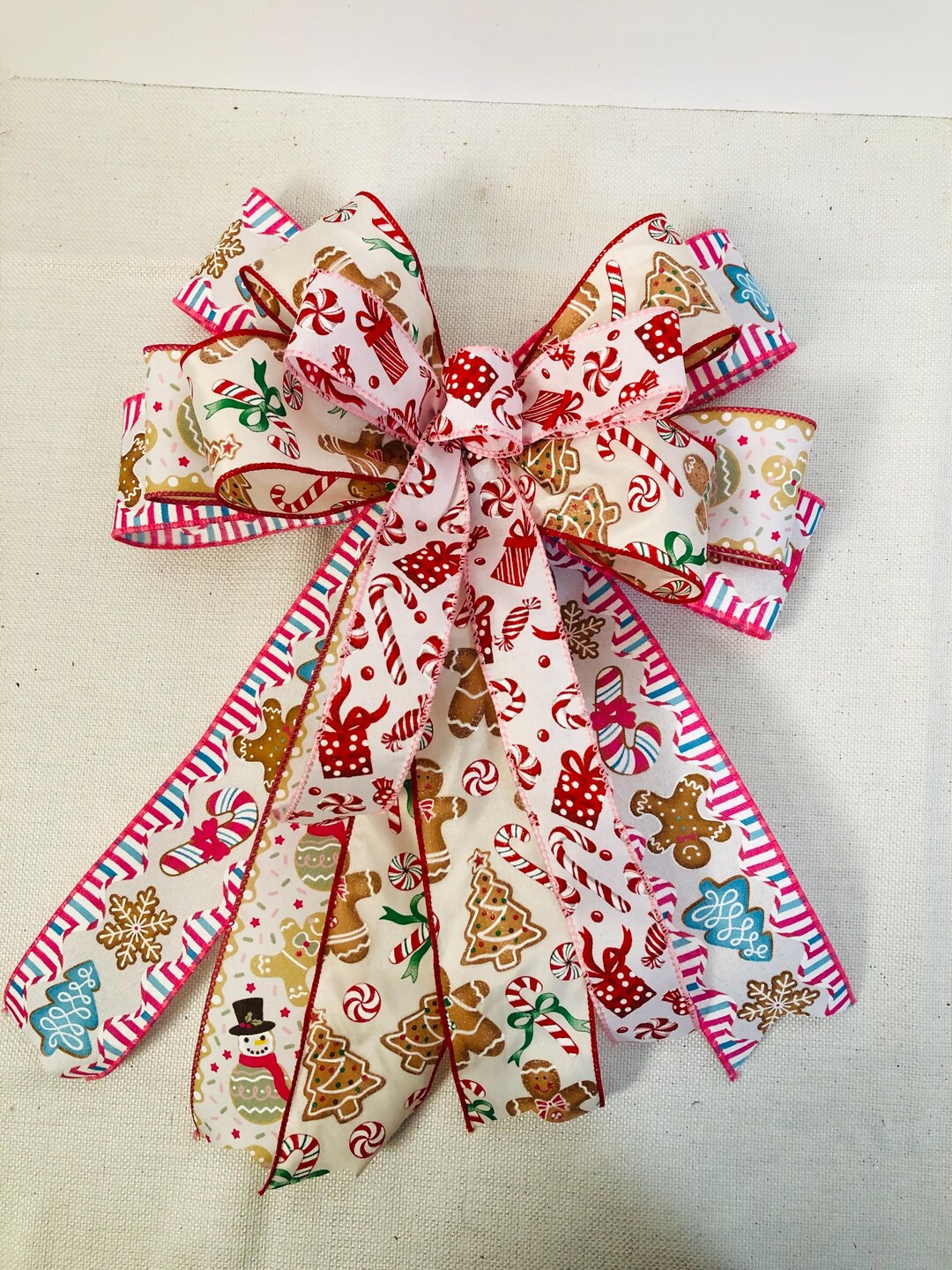 Gingerbread Christmas Bow, Candy Cane Tree Topper Bow, Holiday Present ...