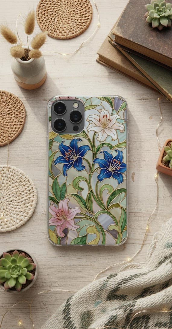 Lily Symphony Phone Case - Stained Glass Floral Art, Protective MagSafe Elegant Cover
