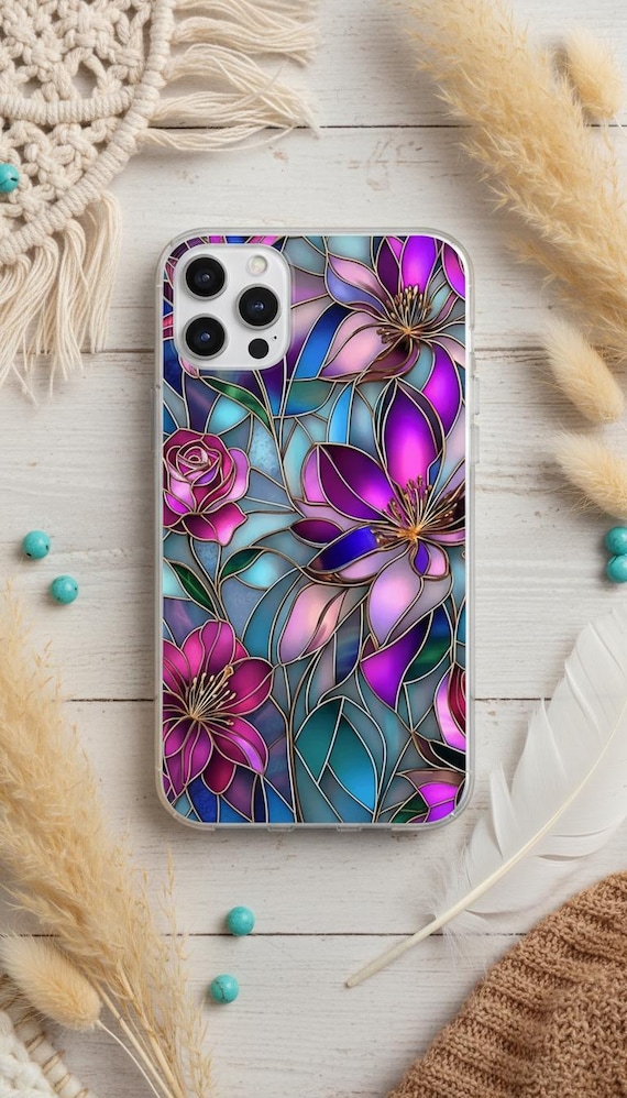 Violet Reverie - Stained Glass Floral Phone Case, Protective MagSafe Cover
