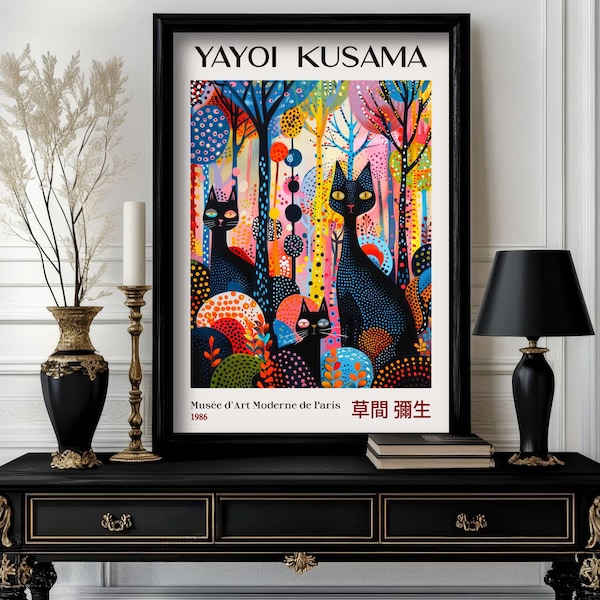 Yayoi Kusama Cat Poster • Psychedelic Dot Art Print • Abstract Modern Wall Decor with Pop Art Vibes(k3_59)