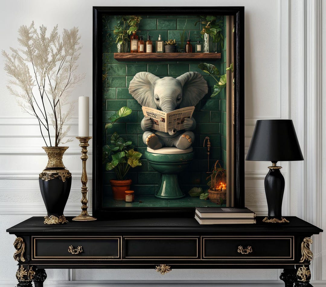Funny Bathroom Elephant Poster – Animal on Toilet Wall Art – Gag Gift ...