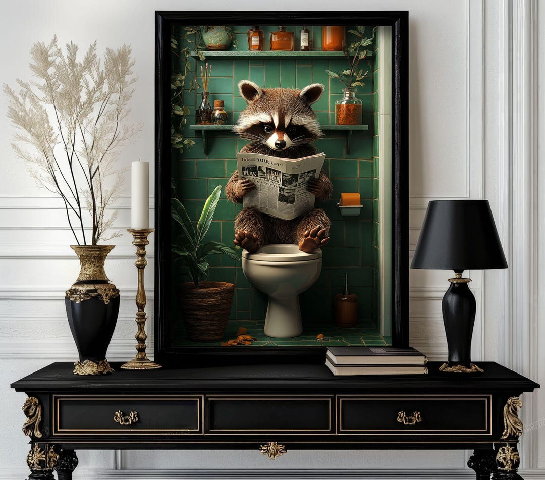 Funny Bathroom Raccoon Poster – Animal on Toilet Wall Art – Gag Gift ...