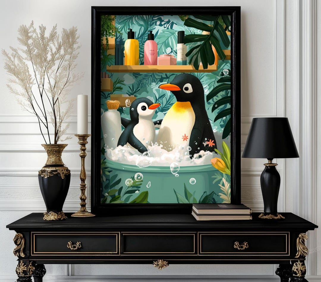 Funny Bathroom Penguin Poster – Animal on Toilet Wall Art – Gag Gift ...