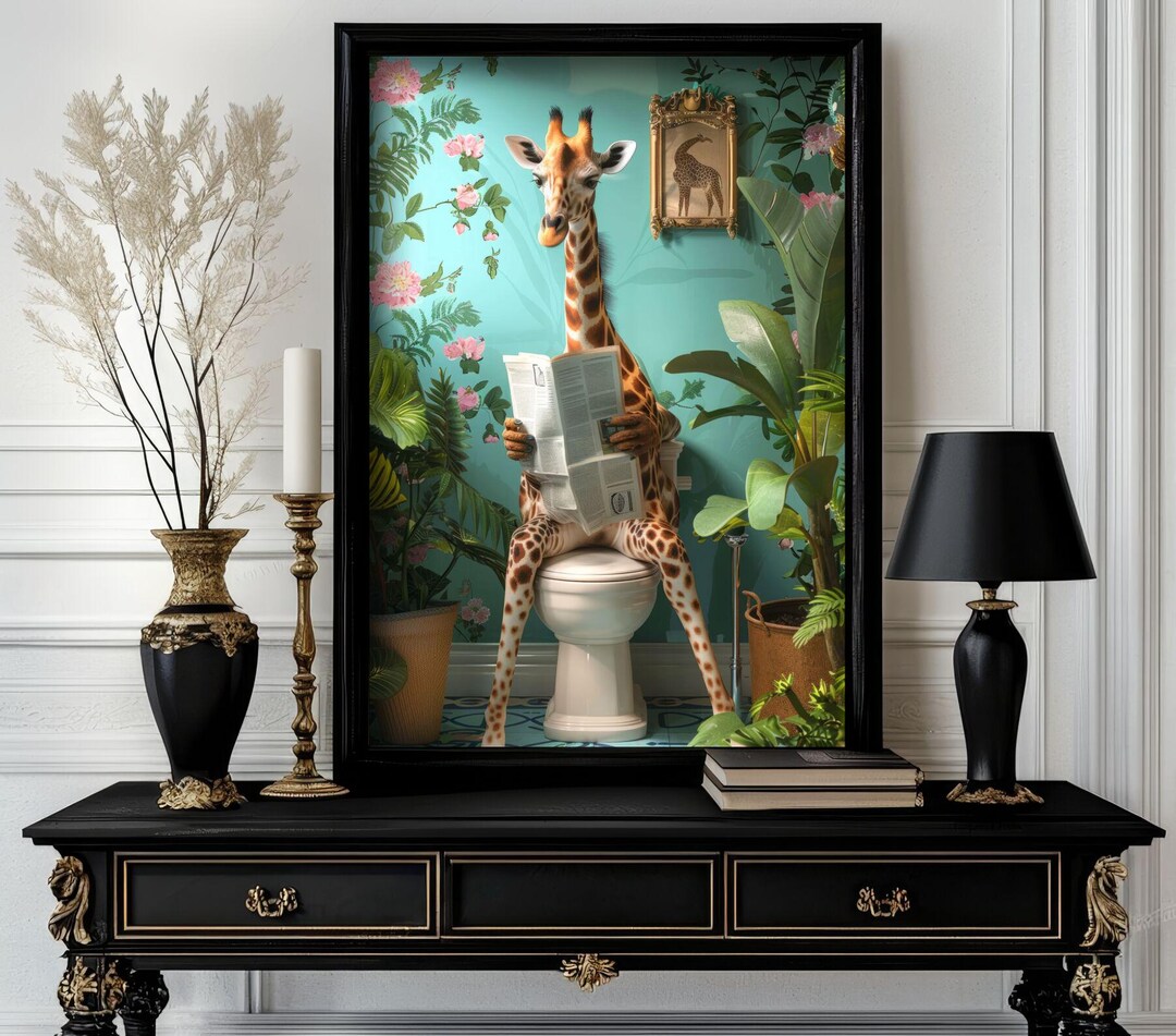 Funny Bathroom Giraffe Poster – Animal on Toilet Wall Art – Gag Gift ...
