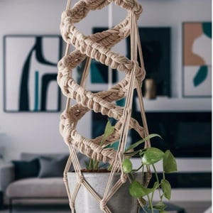 May include: A macrame plant hanger in a natural beige colour, holding a small potted plant with green leaves. The hanger is made of thick rope and has a spiral design. The plant is hanging in a living room with a sofa and a painting on the wall.