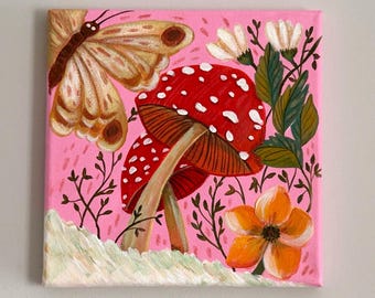 Original acrylic Fairy Mushrooms on Pink background painting 8x8 by artist