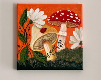 Original acrylic Fairy Mushrooms Orange background painting 8x8 by artist