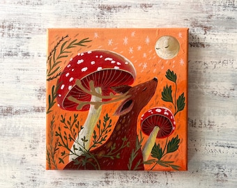 Original acrylic painting Moon Deer Mushroom painting 8x8 by artist