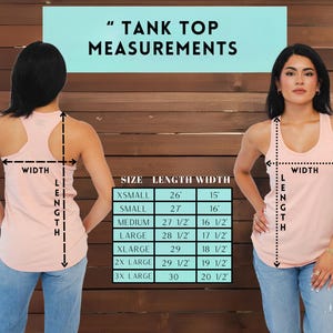May include: A size chart for tank tops with measurements in inches. The chart shows the size, length, and width of the tank top in inches. The chart is on a wooden background.