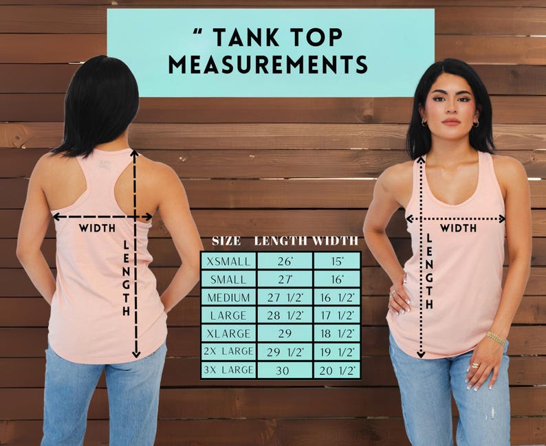 May include: A size chart for tank tops with measurements in inches. The chart shows the size, length, and width of the tank top in inches. The chart is on a wooden background.