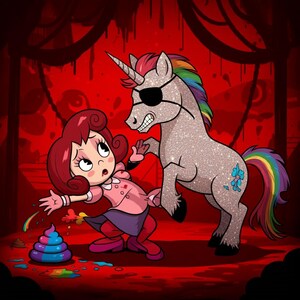 May include: A cartoon illustration depicts a glittery unicorn with an eye patch confronting a girl in a pink dress. The girl is startled, with rainbow-colored excrement on the floor. The background is a dark red.