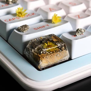 Peut inclure: Gros plan sur un clavier personnalisé avec des touches blanches et des accents bleu clair. Certaines touches sont ornées de petites fleurs jaunes et de pierres de pyrite. Une touche est un bloc de résine transparent avec une fleur jaune et de la terre à l'intérieur.