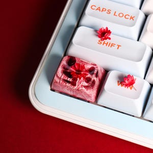 Peut inclure: Gros plan sur un clavier avec des touches blanches et un cadre bleu clair. Une touche est une conception personnalisée avec une fleur rouge intégrée dans une résine rose. D'autres touches ont du texte orange et de petites fleurs rouges.