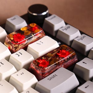 Enter and Backspace Keycap Set With Crystal & Natural Flowers, Handmade Artisan Resin Keycaps for Mechanical Keyboards, SA Profile, Gift For