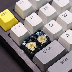 May include: Close-up of a mechanical keyboard with white and gray keys. A custom keycap with embedded white flowers and a dark blue background is featured. The ESC key is yellow.