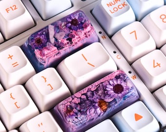 Artisan Keycap Set, Enter and Backspace Keycaps with Lepidolite, Resin Keycap with Real Flowers, SA Profile, Handmade Gift for Gamer, Anime