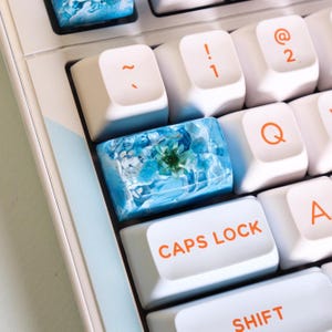 May include: Close-up of a white keyboard with custom keycaps. One keycap is a clear resin with blue floral elements. Other keycaps are white with orange lettering. The "CAPS LOCK" key is visible.