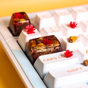 May include: A white keyboard with custom keycaps featuring tiger's eye and red flowers. The keycaps are made of resin and have a unique, textured look. The keyboard is in a light blue and white color scheme. The keycap labeled "CAPS LOCK" is in focus.