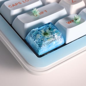 Peut inclure: Gros plan sur un clavier personnalisé avec des touches bleu clair et blanches. Une touche de clavier unique en résine bleue, ornée de fleurs incrustées, est au centre. La touche a un aspect translucide, évoquant l'océan, avec de petits accents blancs et bleus. Le cadre du clavier est bleu clair.