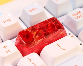 Artisan Resin Backspace 2U Keycap, Garnet Gemstone & Flowers Key Cap, Custom SA Profile for Cherry MX Keyboards, Handmade Cute Gift For Her