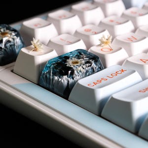 May include: Close-up of a mechanical keyboard with white keycaps and a light blue frame. Some keycaps are clear resin with embedded flowers. The "CAPS LOCK" key is visible in orange text.