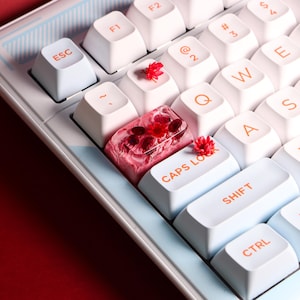May include: Close-up of a mechanical keyboard with white and light blue keys. The keyboard features a custom keycap with a pink and red floral design. The keys are labeled with orange letters and symbols. The ESC, CAPS LOCK, SHIFT, and CTRL keys are visible.