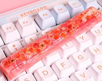 Artisan Spacebar Keycap for Mechanical Keyboards, Carnelian Gemstone & Natural Flower, Handmade Resin Custom Keycap for Cherry MX,SA Profile