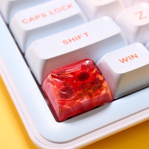 Peut inclure: Gros plan sur un clavier avec des touches blanches et une touche personnalisée. La touche personnalisée est en résine transparente avec une fleur rouge et d'autres éléments floraux à l'intérieur. Le mot "SHIFT" est visible sur une touche.
