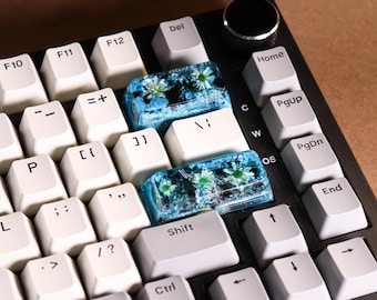 Enter and Backspace Keycap Set – Obsidian Crystal & Natural Flowers, Handmade Artisan Resin Keycaps for Mechanical Keyboards, SA Profile