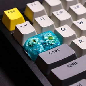 May include: Close-up of a mechanical keyboard with a custom keycap. The keycap is a clear resin with embedded blue and white flowers. Other keys are white, yellow, and gray. The "Caps" and "Shift" keys are visible.