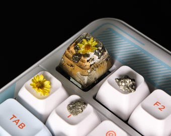 Custom Artisan Keycap with Genuine Pyrite Crystal – Premium Resin Keycap, 1U Keycap, SA Keycap, Golden Keycap, Handcrafted Key Caps Set