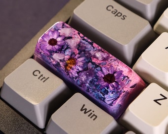 Artisan Resin Shift (2U) Keycap – Custom SA Profile with Lepidolite Crystal & Natural Flowers | Unique Gift For, Cherry MX Keyboards, Anime