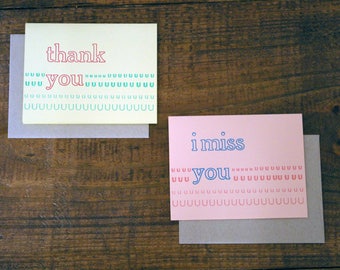 A2 Letterpress Greeting Card Thank You Card Miss You Card Yellow and Pink hand-set type