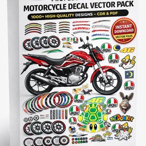 Pode incluir: Uma caixa branca exibe um pacote vetorial de decalques de motocicletas. O pacote inclui uma motocicleta vermelha, vários decalques e o texto "1000+ HIGH-QUALITY DESIGNS - CDR & PDF". A imagem também apresenta o texto "INSTANT DOWNLOAD VECTOR FILES".