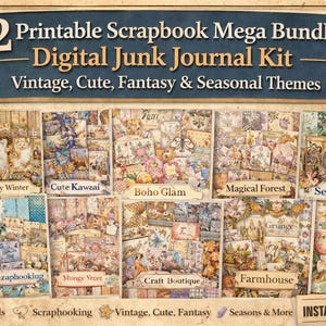 Può includere: Un kit di diario digitale con 42 pacchetti di scrapbook stampabili. I temi includono design vintage, carini, fantasy e stagionali. L'immagine mostra varie copertine a tema, come "Honey & Bee" e "Boho Glam".