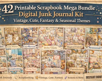 42 Printable Scrapbook Mega Bundle | Digital Junk Journal Kit | Vintage, Cute, Fantasy & Seasonal Themes | Instant Download